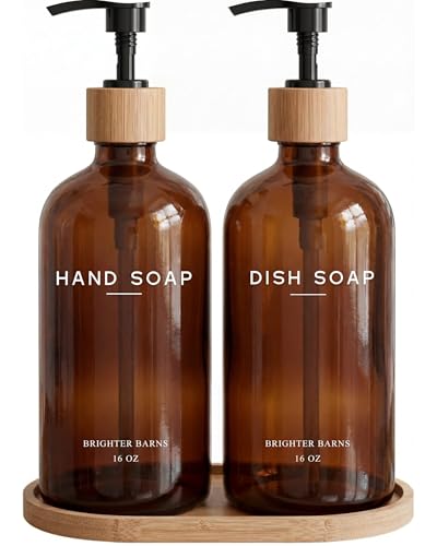 Amber Glass Hand and Dish Soap Dispenser Set with Bamboo Pump and Tray - Modern Kitchen Decor - Variation of Amber Hd