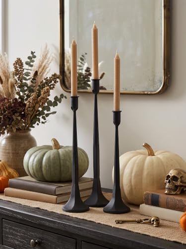 Black Cast Iron Taper Candle Holder Set of 3, Tall Rustic Candle Stands for Wedding & Home Decor – 12”, 14”, 15.5” Variations