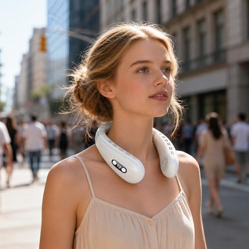 White Portable Neck Fan with Cooling Plate & Adjustable Levels - Rechargeable Personal Air Conditioner