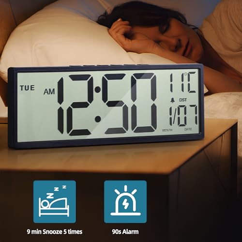 Henescribe 15-Inch Black Digital Wall Clock with Large Display, Calendar & Auto DST