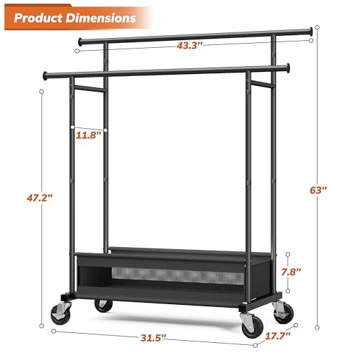 Black Clothes Rack 210 LBS Double Rods with Storage Basket - Space Saving Garment Organizer