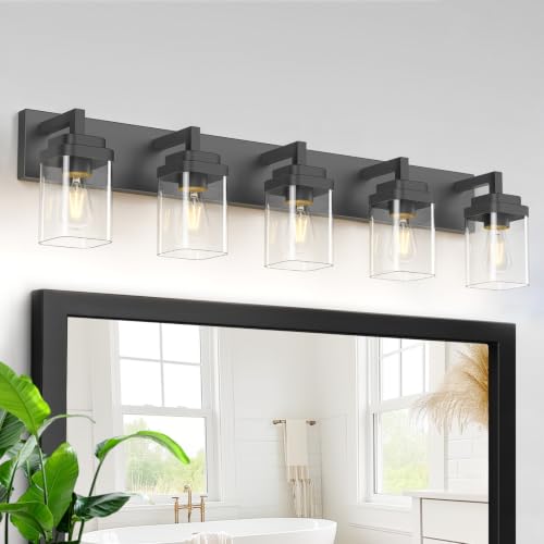 Leifod Matte Black 5-Light Bathroom Vanity Light with Clear Glass Shades - Modern Fixture, Over Mirror, 36 Inch