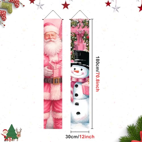 Pink Christmas Porch Banner - 12x71 Inch Welcome Santa Snowman Holiday Decor
