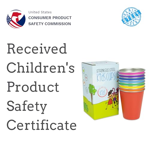 Kids Rainbow Steel Cups 8 Pack - BPA Free 10oz Metal Drinking Cups - Food Grade & Shatterproof