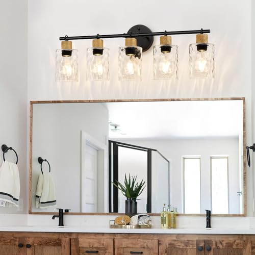 MOKATNG Matte Black 5-Light Coastal Vanity Light with Crystal Glass Shades