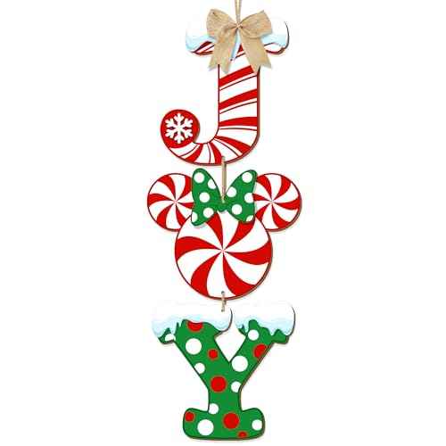 3 Pieces Christmas Joy Door Sign Decorations, Peppermint Candy Mouse Shaped Wreath for Front Door, Wood Joy Wall Sign Door Hanger for Xmas Party Winter Home Holiday Decor with Bow