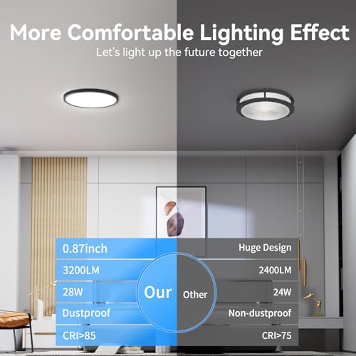 LED Flush Mount Ceiling Light 12 Inch, Super Slim 3200lm 5000K - Black 6 Pack