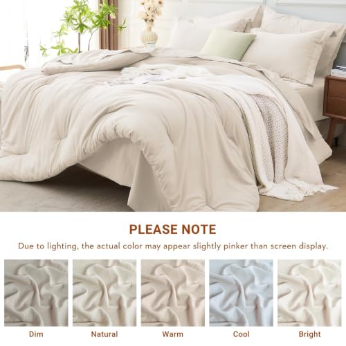 Full Comforter Set 7 Pieces - Beige / 82x86 Bed in a Bag, Soft Breathable Microfiber
