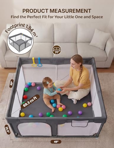 Small Baby Playpen 47x47 Inches with Pull-Up Rings - Dark Gray