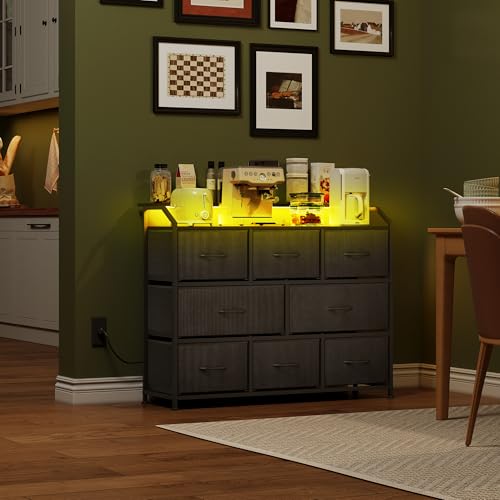 WLIVE Black LED Dresser with 8 Drawers, Outlet & USB Charging Station