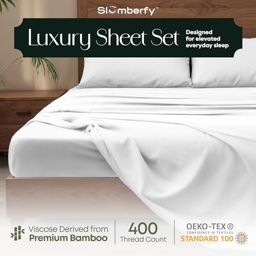 King Size Bamboo Viscose Sheets Set - Deep Pocket Cooling Bed Sheets with Magnetic Closure - White - 4 Piece