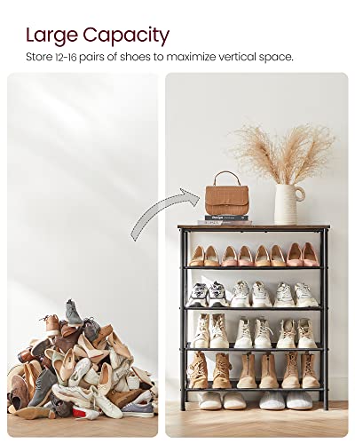 VASAGLE 5-Tier Shoe Rack - Rustic Brown & Black Steel Frame, Holds 12-16 Pairs