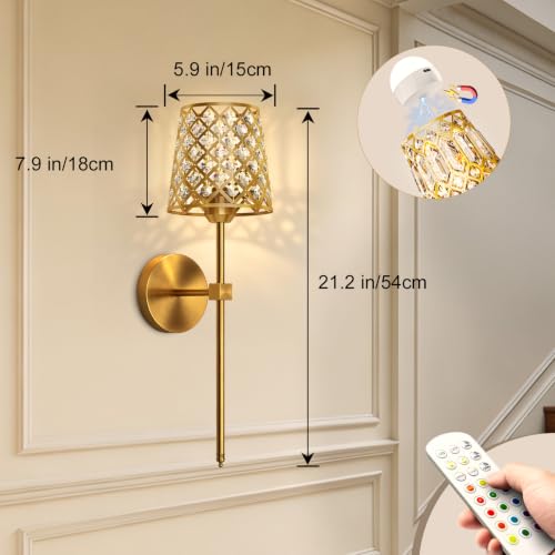 Gold Rechargeable Crystal Wall Sconces Set of 2 - Dimmable RGB & CCT Wall Lamps with Remote - New