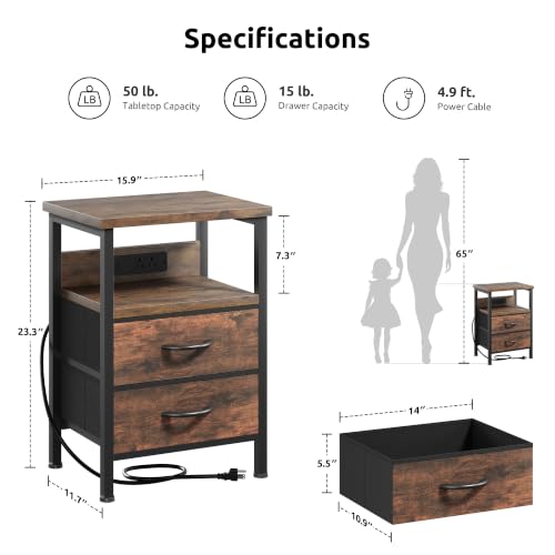 Lazzanto Rustic Brown Nightstand with Charging Station, 2 Drawers