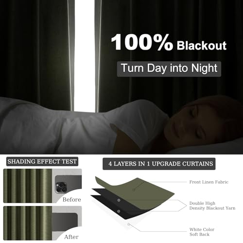 Olive Green Linen Blackout Curtains 84 Inch Pack of 2 for Living Room & Bedroom - Boho Style