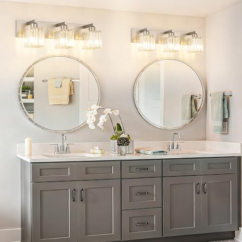 Aipsun Brushed Nickel 3-Light Crystal Vanity Light Fixture - 23 Inch Modern Bathroom Wall Sconce (Exclude Bulb)