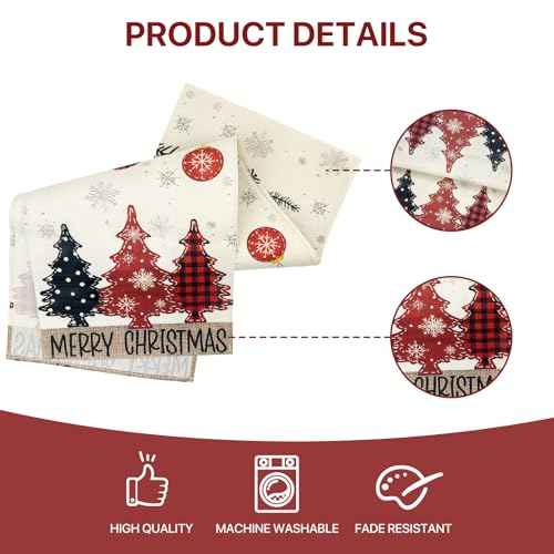 Red Pine Trees Merry Christmas Table Runner, Snowflake Table Runner, Seasonal Winter Decoration for Home Kitchen Dining Holiday Decor 13x72 Inch