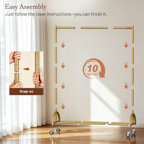 Heavy Duty Gold Clothing Rack with Wheels - Stable Garment Organizer, 66"H