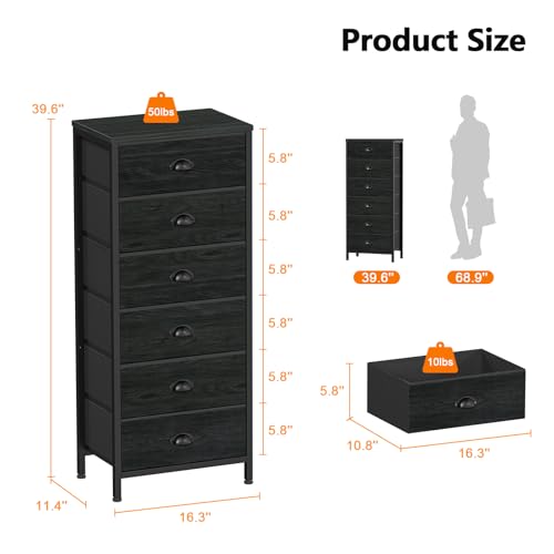 Furnulem Black Fabric Dresser with 6 Drawers - Tall Bedroom Storage, 11.5"D x 16"W x 39.6"H