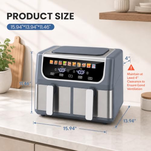 OLIXIS Dual Air Fryers with 2 Baskets 9.5 Qt Large Capacity 10-in-1, Grey / 16 x 14 x 11.5 inches