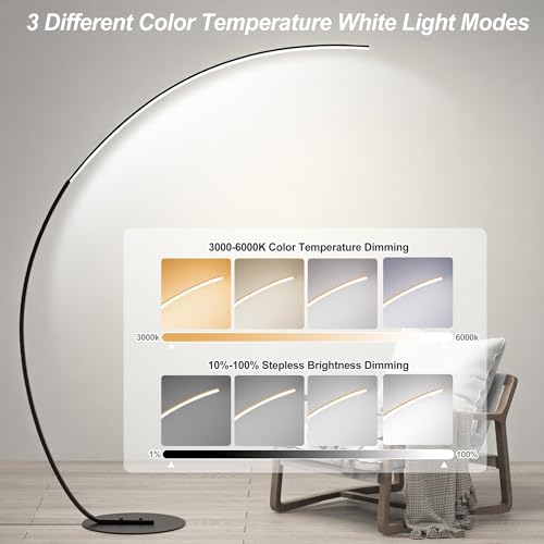 RGBW Modern 69-Inch Arched Floor Lamp with Remote Control - Black, Dimmable & Color Changing for Living Room & Bedroom