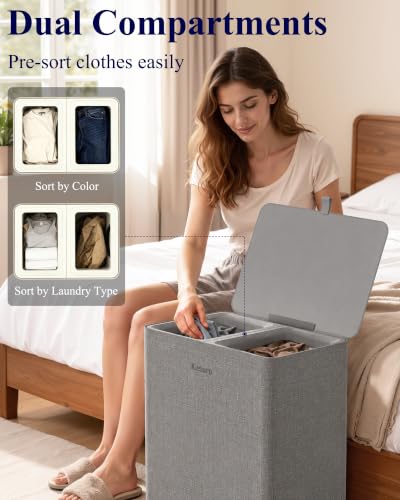 Gray Laundry Hamper with Lid 160L - 2-Compartment Sorter & Removable Bags