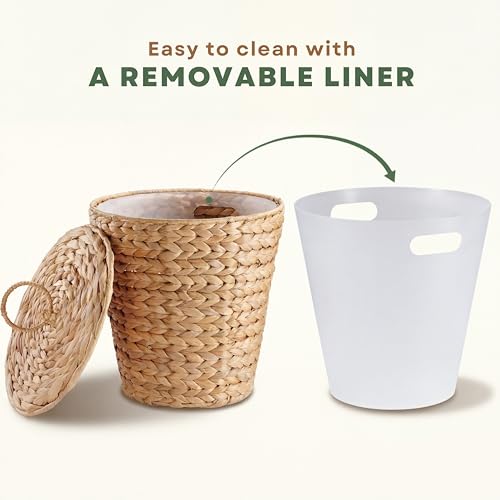 84ECO Water Hyacinth Wicker Trash Can with Lid and Liner - 3 Gallon Waste Basket for Bathroom, Kitchen, Bedroom