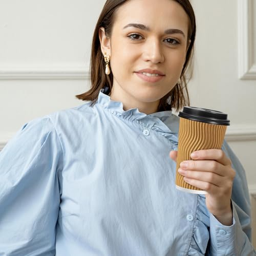 Champagne 16 oz Coffee Cups with Lids & Straws - Disposable Paper Set, 50 Pack