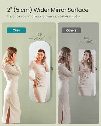 SONGMICS Laurel Green LED Wall Jewelry Cabinet & Mirror 42.5" H - Modern Wall-Mounted Organizer with Rounded Corner Mirror