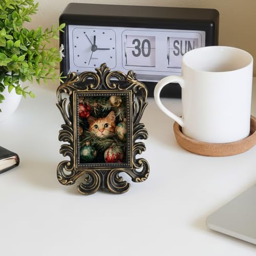 Vintage Christmas Cat Ornament Tree Small Picture Frame Baroque