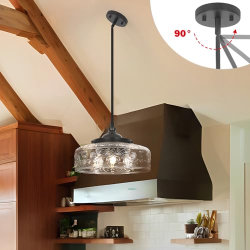 Daunton Black Patterned Glass 12in Farmhouse Pendant Light - Adjustable Kitchen Island & Bathroom Ceiling Fixture