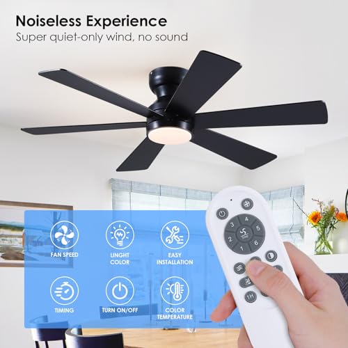 Asyko 46-Inch Black 6-Blade Modern Ceiling Fan with Light & Remote - Reversible Motor