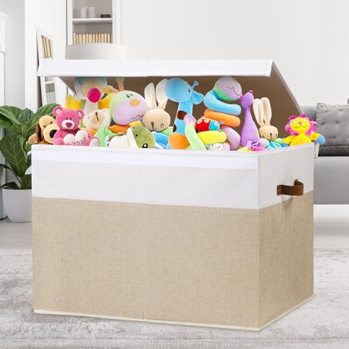 Large Toy Storage Box with Lid and Divider - 26x17x17 Inches Beige White