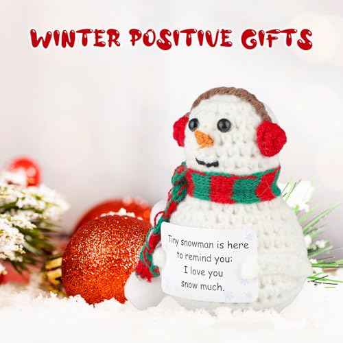 Positive Snowman, Funny Knitted Snowman Inspirational Gift with Positive Card Cute Crochet Potato Positive Christmas Encouragement Crocheted Doll for Room Office Desktop Decoration