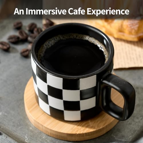 LUKA Black & White Checkered Stackable Espresso Cups Set with Saucers, 4oz - Variation 4BKG