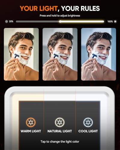 Heated Fogless Shower Mirror for Shaving - White, Stepless Dimmable Lights, Removable, No-Drill