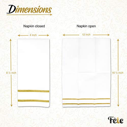 Disposable Linen-Feel Guest Towels - Gold Design, 200 Count - Formal Dinner & Wedding Napkins - 8.5x4 Inches Folded, 12x16.5 Unfolded - Gold 2 Lines Variation