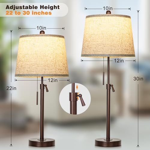 Adjustable Height Bedside Table Lamps Set of 2 - Brown + Beige Shade, 3 Color Temperatures, Modern Nightstand Lamps for Bedroom and Living Room