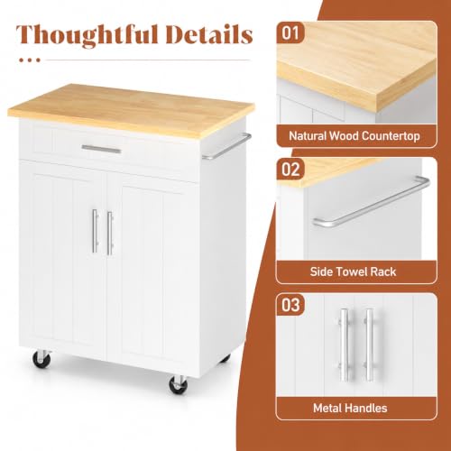 White 26-In Kitchen Island Cart with Lockable Casters & Adjustable Shelves