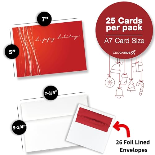 Happy Holiday Cards with Red Foil Lined Envelopes 25-Pack - Ribbons Variation