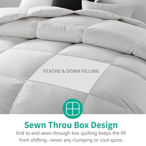 Queen Size Feather Down Comforter - Organic Cotton Cover All Seasons Medium Warm Ivory White Variation