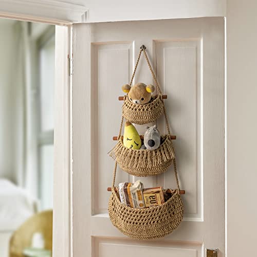Jute 3-Tier Hanging Fruit Basket Organizer - Handmade Kitchen Storage
