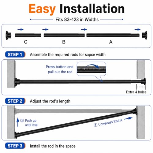 Heavy Duty Tension Curtain Rod for Windows - 83-123 Inches, Black, 2 Pack