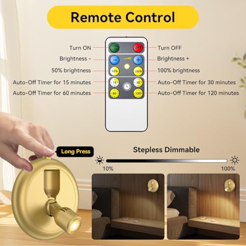 Rechargeable LED Spotlight Indoor 2-Pack - Gold Dimmable Accent Lights with Remote