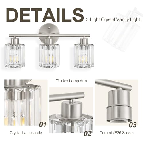 Kvhiiw Modern Brushed Nickel Crystal Bathroom Light Fixture - 3-Light, Up/Down Mounting
