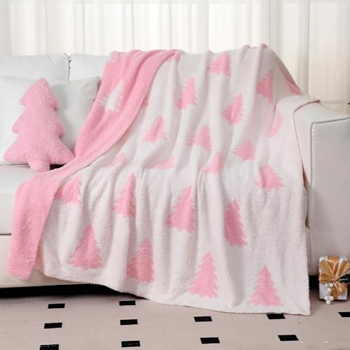 Hillsuren Pink & White Christmas Tree Throw Blanket & Pillow Set, 50 x 60 In, Double-Sided