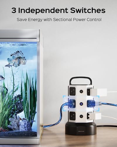 JACKYLED Power Strip Tower Surge Protector with 12 Outlets 6 USB C Ports - White, 10ft Cord