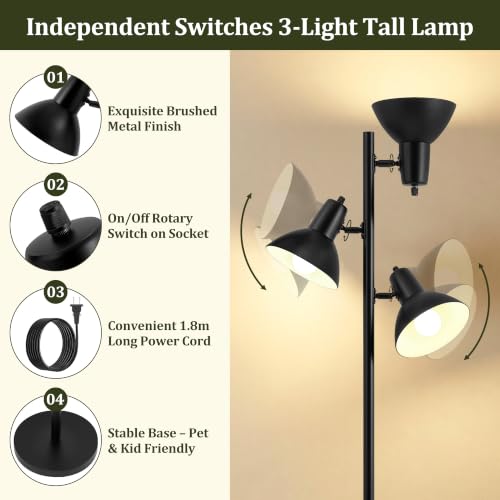 Black 67-Inch Tree Floor Lamp with 3 Adjustable Heads - Modern Living Room Lighting