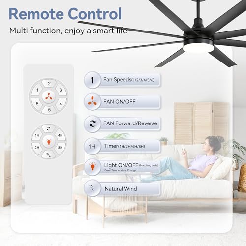 Black 72-Inch Ceiling Fan with Lights & Remote Control - Reversible Blades, 6-Speed DC Motor, Timer