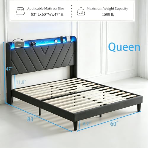 Queen Bed Frame with LED Lights & Charging Station, Upholstered Wingback Headboard, Noise-Free Metal Platform Bed